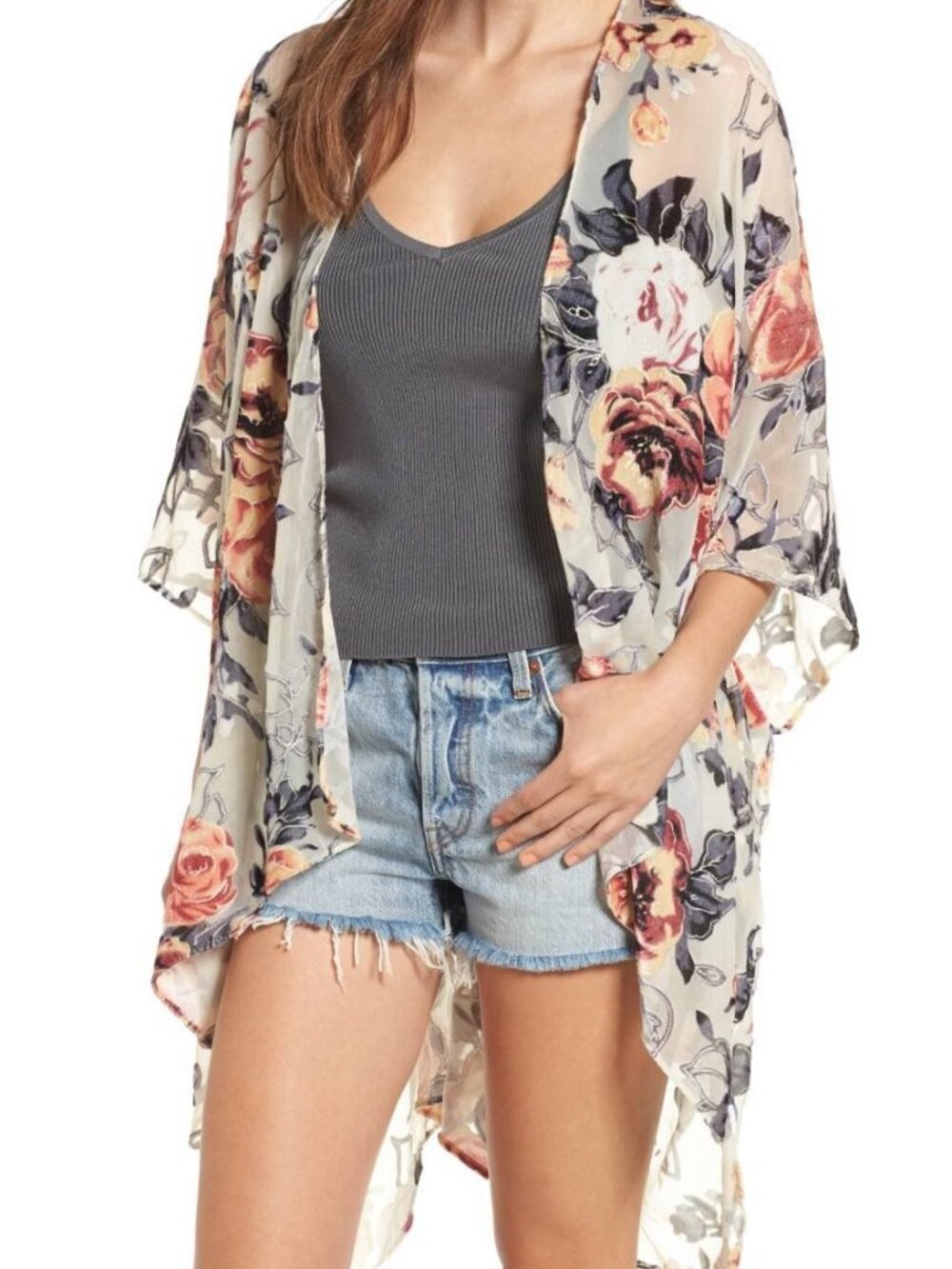 Woven Heart Floral Burnout Velvet Sheer Kimono Cardigan Wrap Cover Up OS